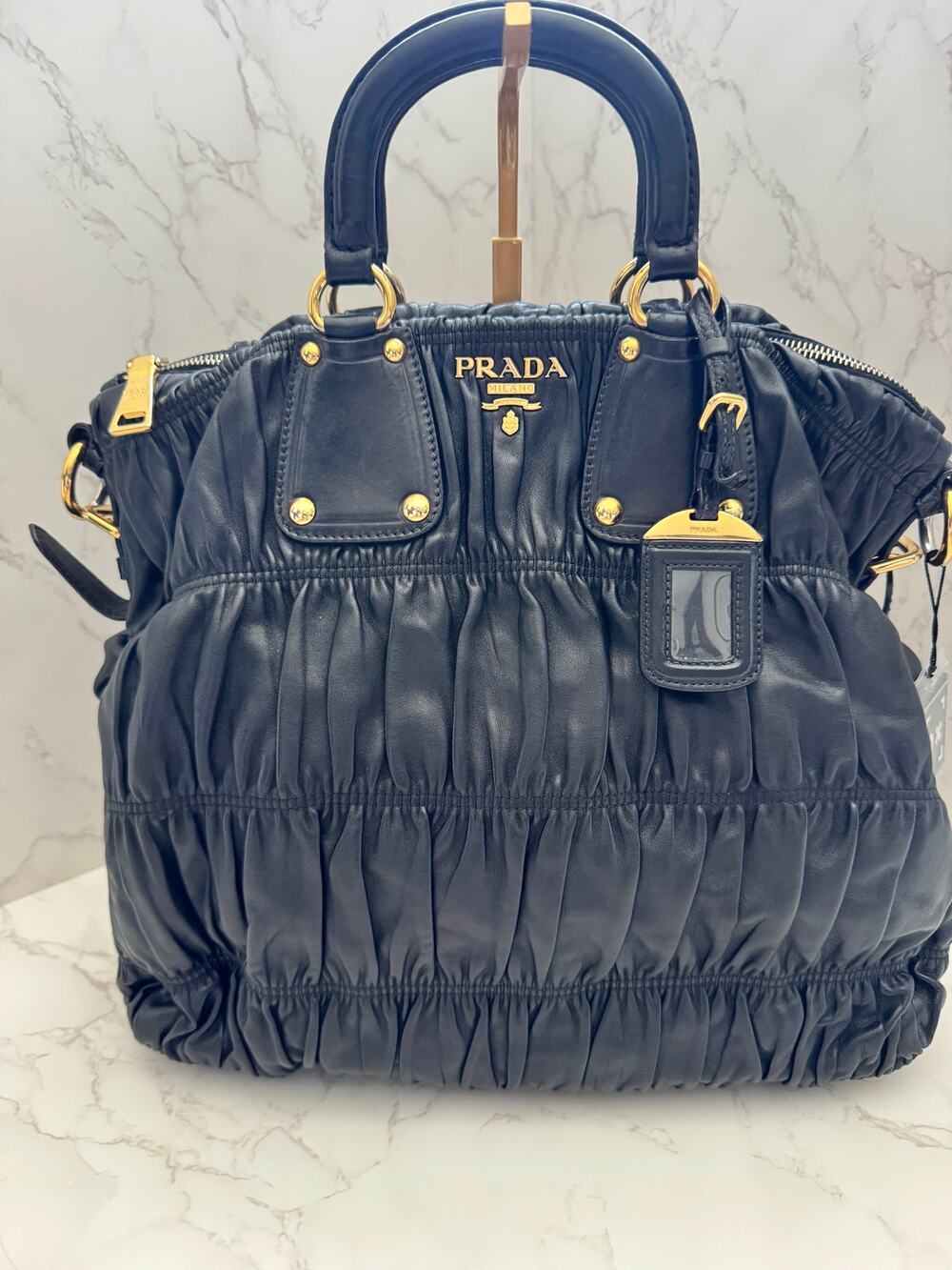 Prada Black Nappa Gaufre Ruched Leather Bag with GHW
